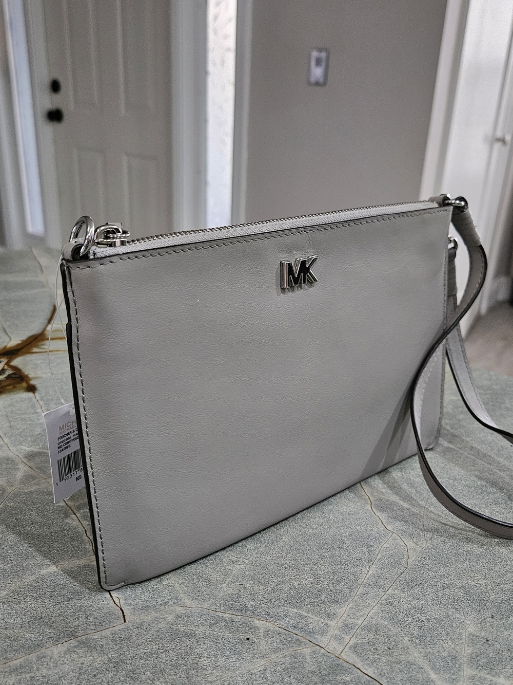 NWT Michael Kors Pearl Grey Leather Convertible Pouchette Wristlet Shoulder Bag